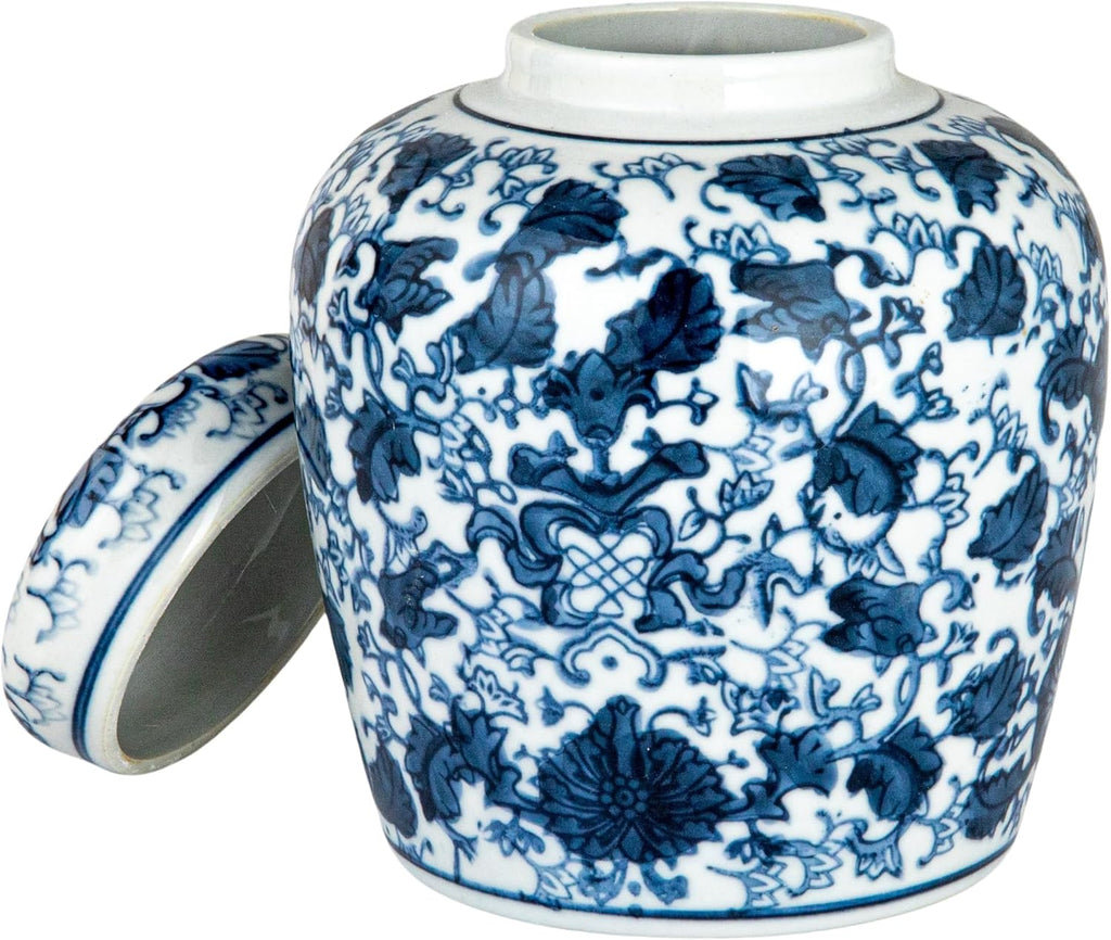 Small Decorative Ceramic Ginger Jar with Lid, Blue and White Floral Pattern