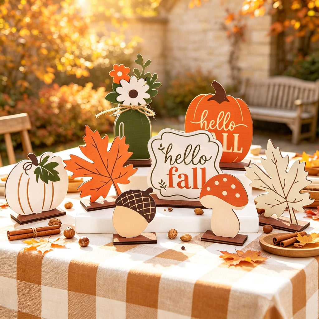 Fall Table Decor, Fall Decorations, 8PCS Wooden Hello Fall Sign, Maple Leaf, Pumpkin and Acorn Indoor Home Office