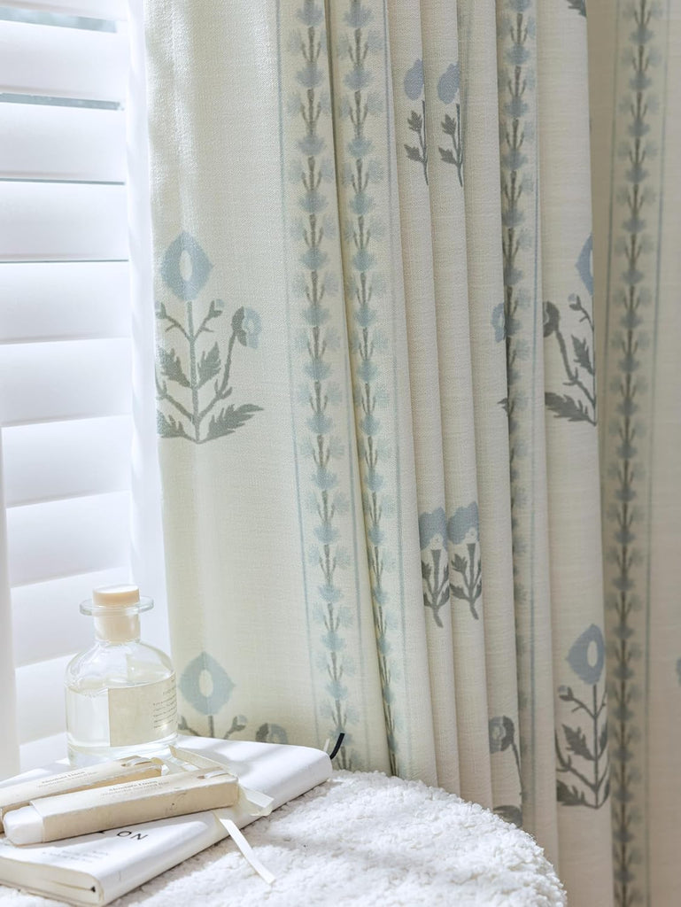 Linen Blend Pinch Pleated Curtains 96 Inches Long , Light Filtering Curtains 2 Panels Set, Modern Floral Printed