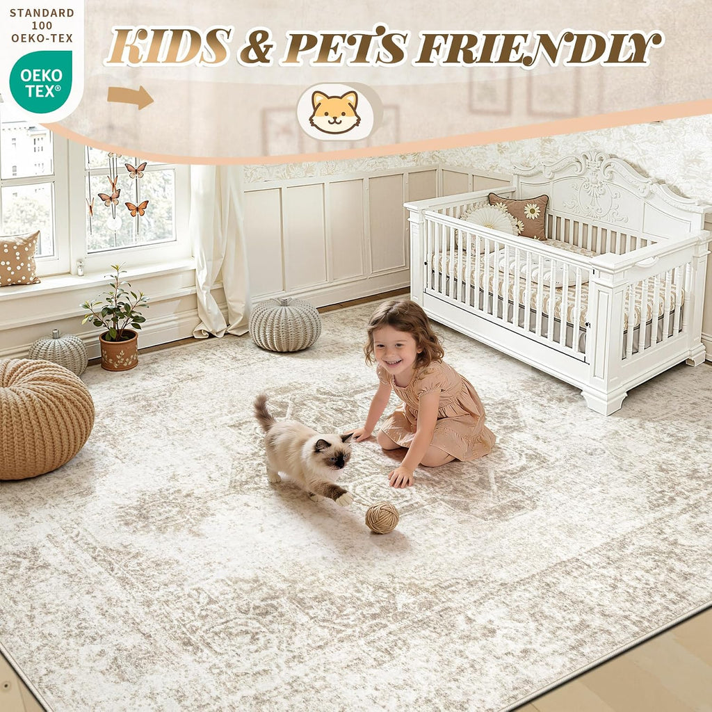 5x7 Area Rugs, Washable Vintage Boho Neutral Medallion Rug Non Slip Low Pile Floor Carpet Nursery Dining Room