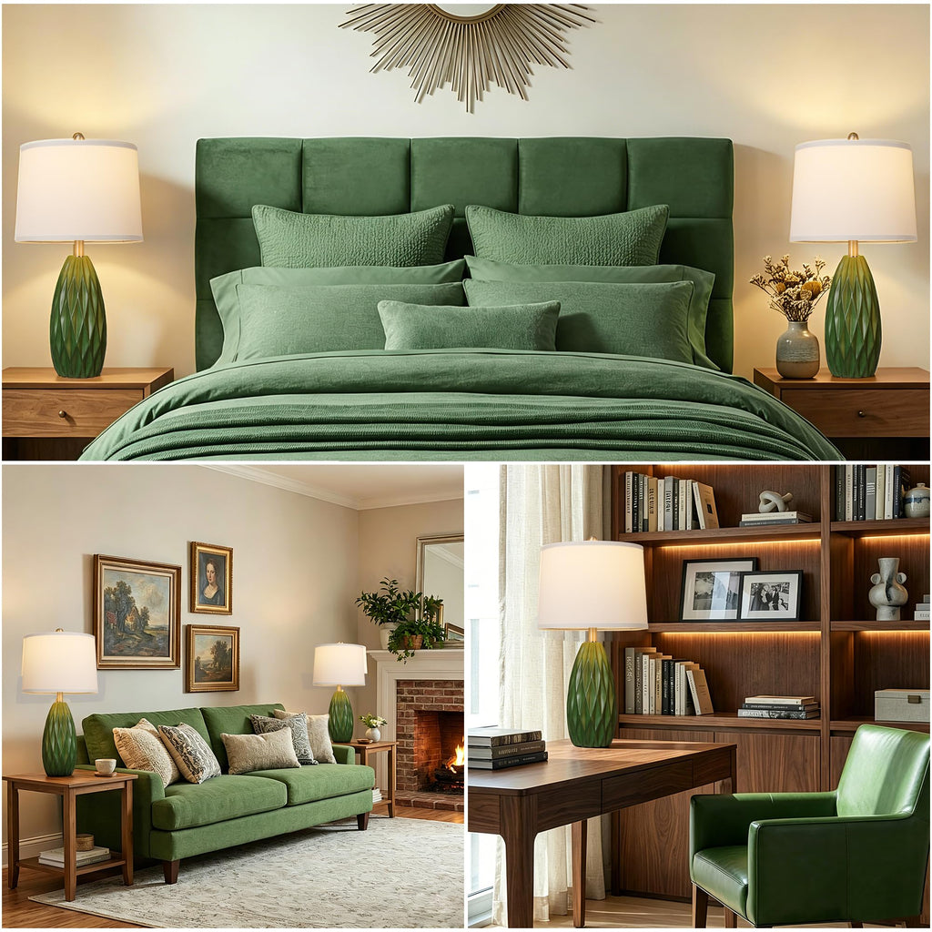 Modern Resin Table Lamp Set of 2, Nightstand Bedside Lamp, Green