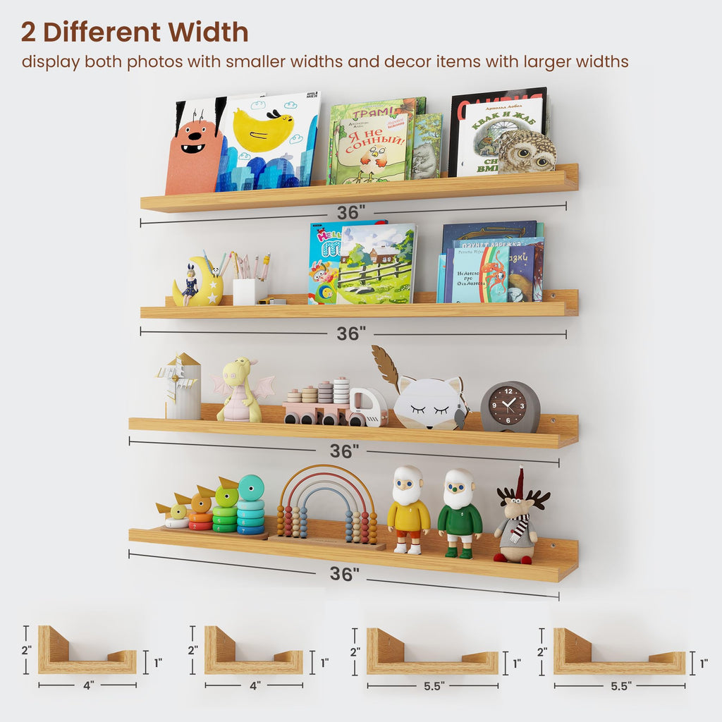 Picture Ledge Shelf, 36 Inch Oak Floating Shelves Set of 4