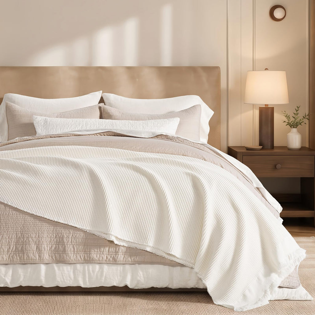 100% Organic Cotton Waffle Throw Blanket, Ivory White, 60"x80"