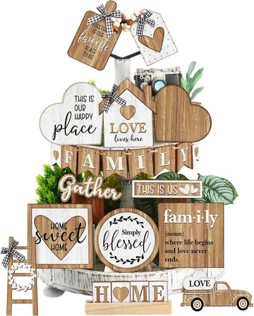 Farmhouse Tiered Tray Decor Rustic Wood Tabletop Signs Table Decor - Set of 21