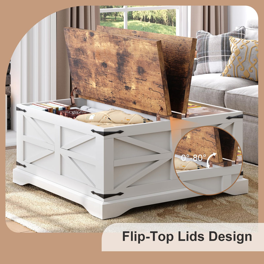 Farmhouse Coffee Table with Storage, Square Coffee Tables, Rustic Wood Center Table with Hinged Lifting Tabletop