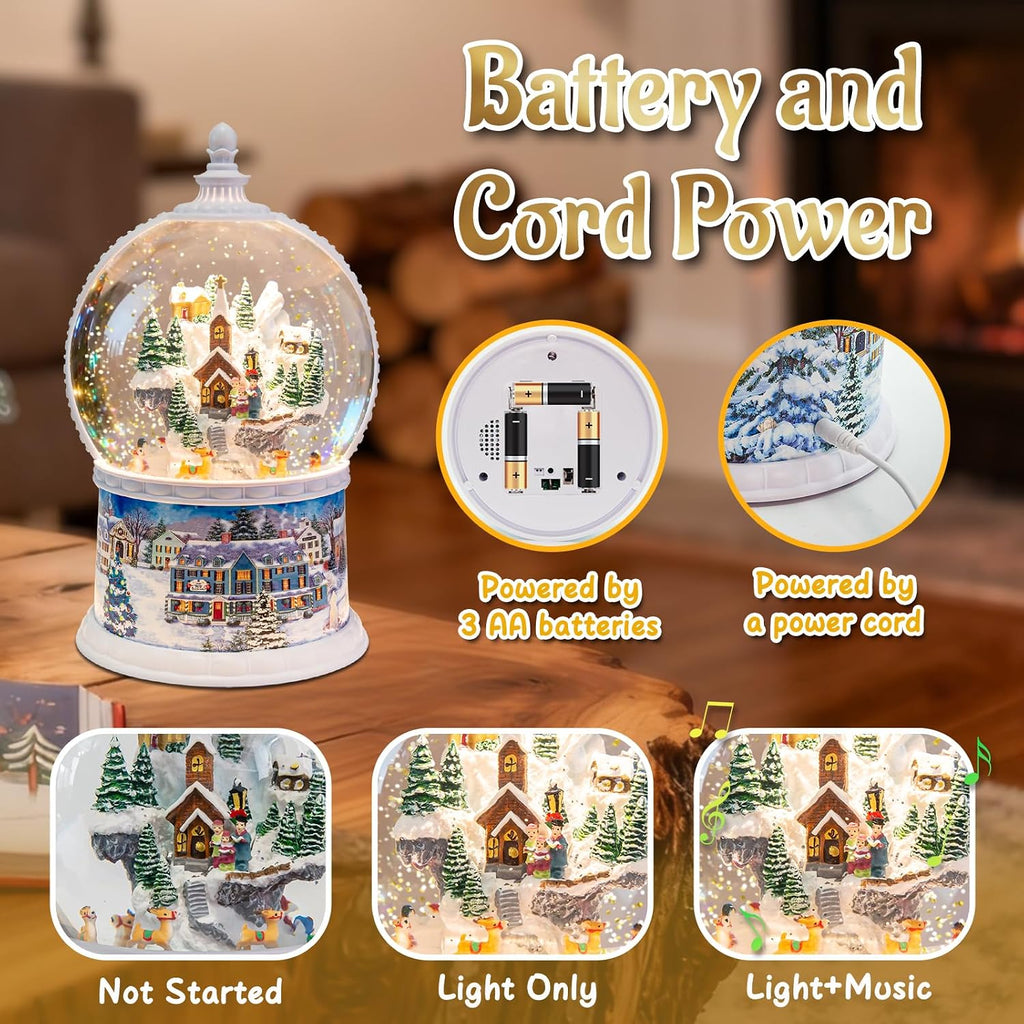 Large Carousel Snow Globe, Lighted Glitter Christmas Village with Santa Elk Sleigh, Musical Snow Globe 8 Songs, 6H