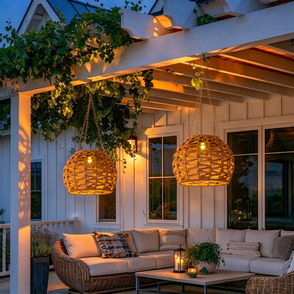 Solar Hanging Lanterns Outdoor Waterproof, 2 Pack Solar Chandelier Outdoor with 7.75in Boho Rattan Lantern, Hanging
