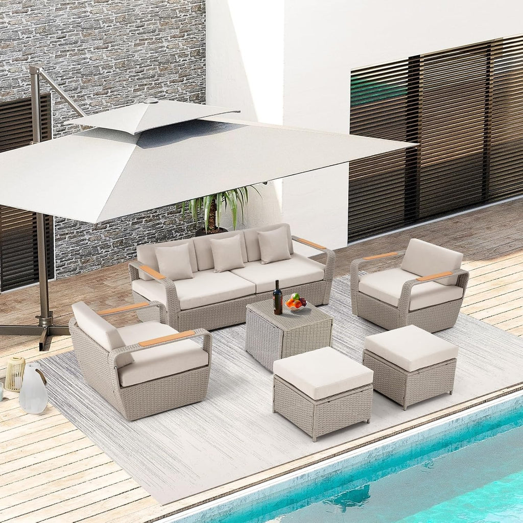 Patio Furniture Set, Oversized 7-Seat Outdoor Sectional with Ottoman and Coffee Table, Wicker Rattan Patio Sofa Set