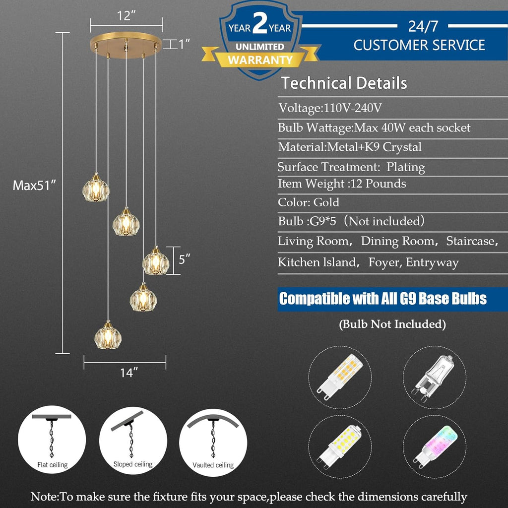 Crystal Chandeliers for Dining Room Lights Fixture Over Table, 5-Light Gold Modern Pendant Light Fixture_Crystal Chandeliers for Living Room Kitchen Island Staircases Foyer Hallway Bar A116-B0DSVKND8D