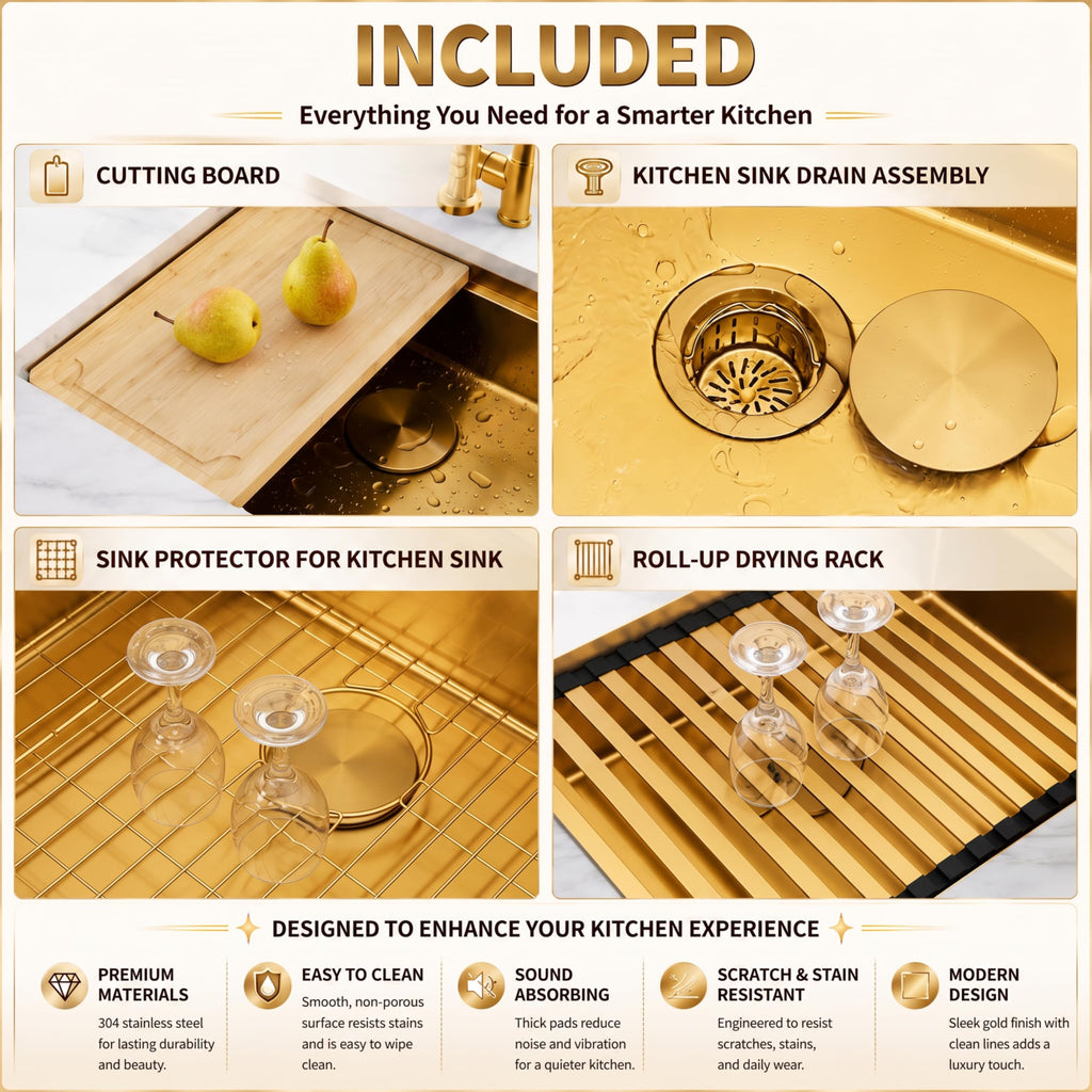 Gold Undermount Kitchen Sink 23 x 18 Inch, 16 Gauge T304 Stainless Steel Workstation Sink with Ledge & Accessories