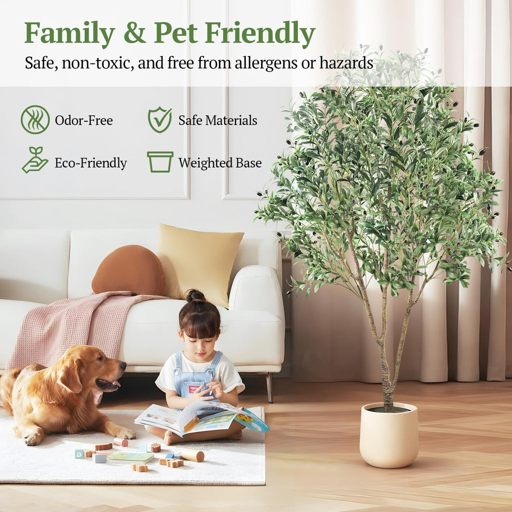 Large Olive Trees Artificial Indoor 7FT, Upgraded Faux Olive Tree with Realistic Leaves and Fruits, Heavy Base