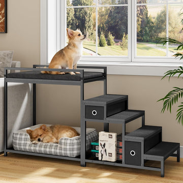 Pet Bunk Bed with Stairs and Storage, Dog Beds Attachment to Human Bed, Bedside Dogs Cot for Small, Medium Cats &