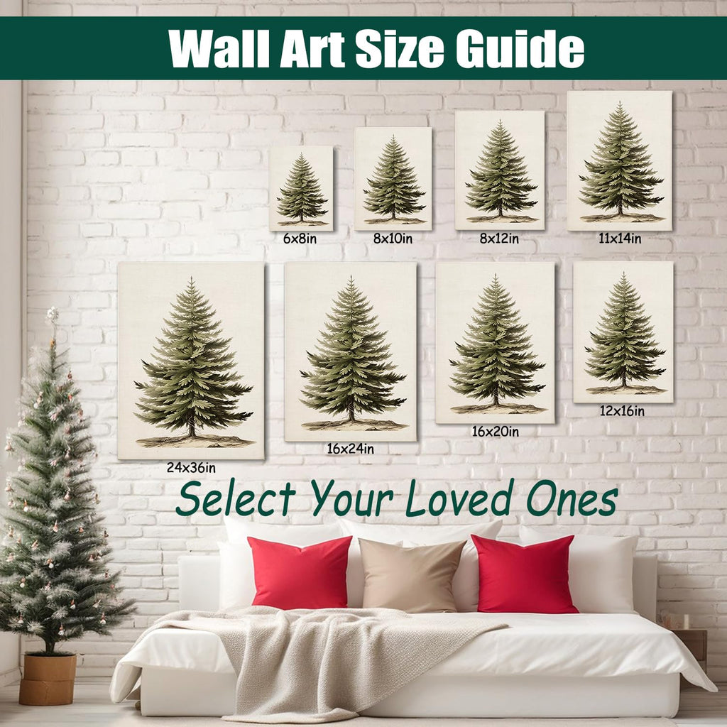 Vintage Christmas Tree Canvas Wall Art, Botanical Pine Tree Print Poster