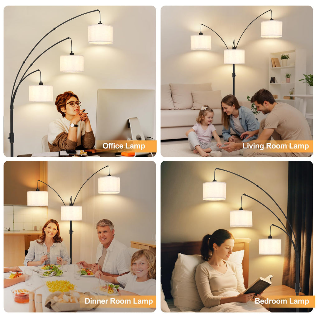 Dimmable Arc Floor Lamp-3 Lights Floor Lamps, Modern Tall Standing Lamp with Beige Drum Shades&Heavy Base, Mid Century