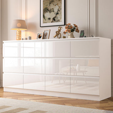 71.65 INCH 12 Drawers with Power Outlet, Wide High Gloss Chest of Drawers Large, Modern Storage Drawer, White