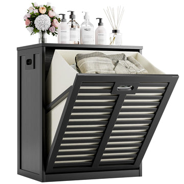 Tilt Out Laundry Hamper, Bamboo Laundry Cabinet with Pull Out Removable Bag, 20 Gal Clothes Basket with Metal Handle