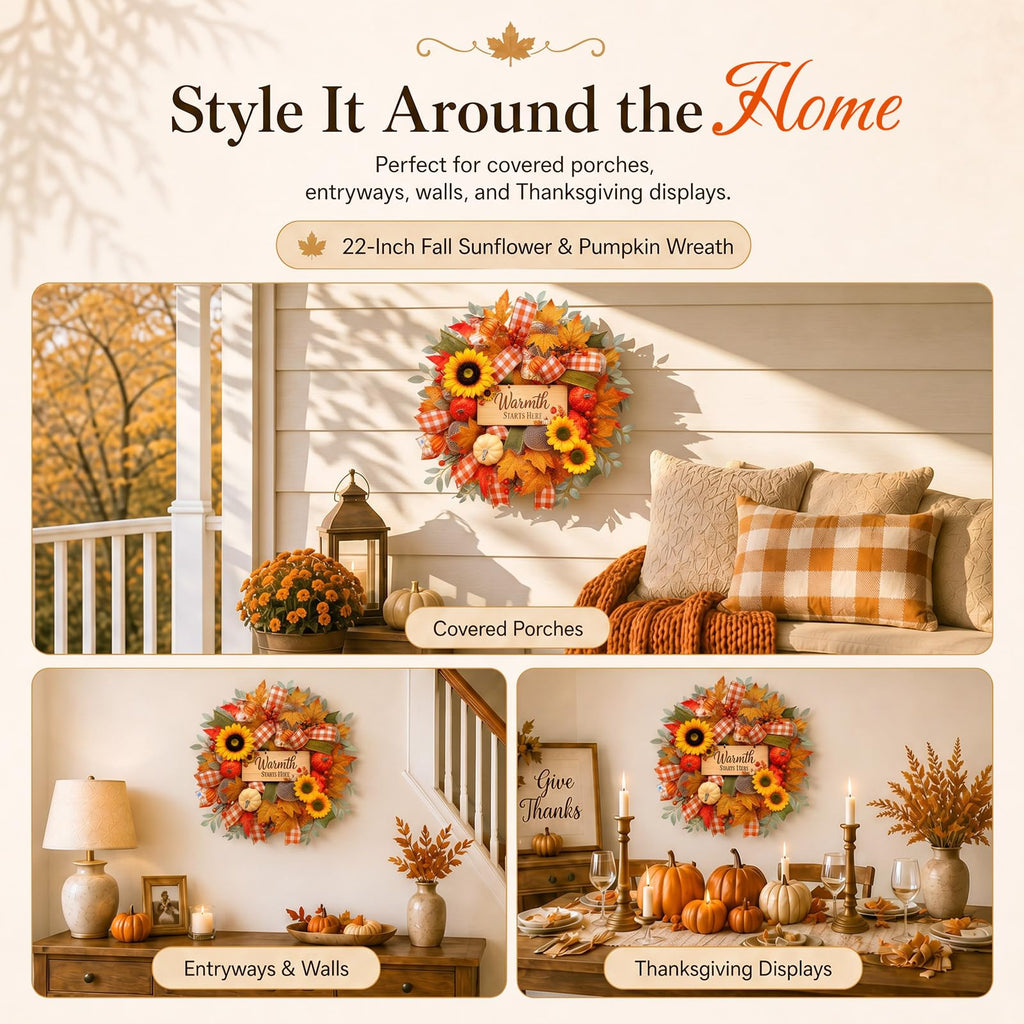 22 Inch Fall Wreaths for Front Door, Harvest Sunflower Wreath