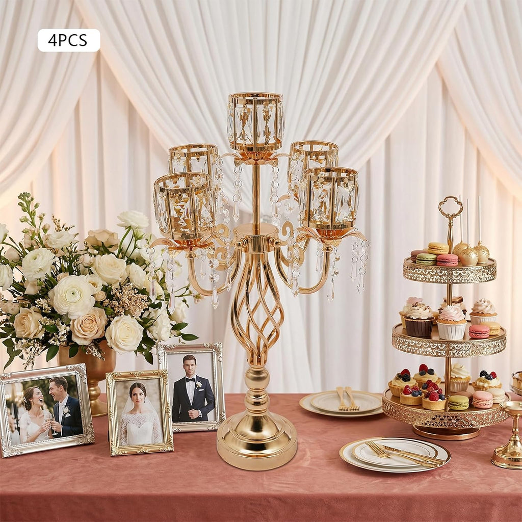 5-Arm Gold Crystal Candle Holder Set of 4, Elegant Table Centerpiece | Electroplated Iron Candelabra for Weddings &