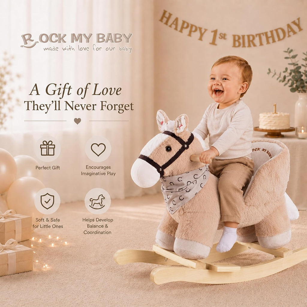 My Baby Rocking Horse with Seat, Plush Ride-On Rocker with Realistic Sound, Wooden Rocking Horse for Toddlers Ages