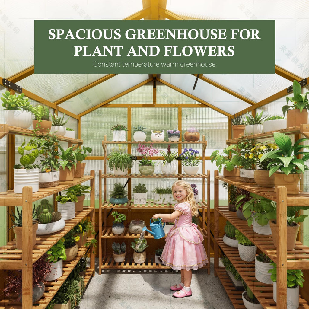 6X8FT Wooden Greenhouse for Outdoors with Thermometers for Backyard, Garden