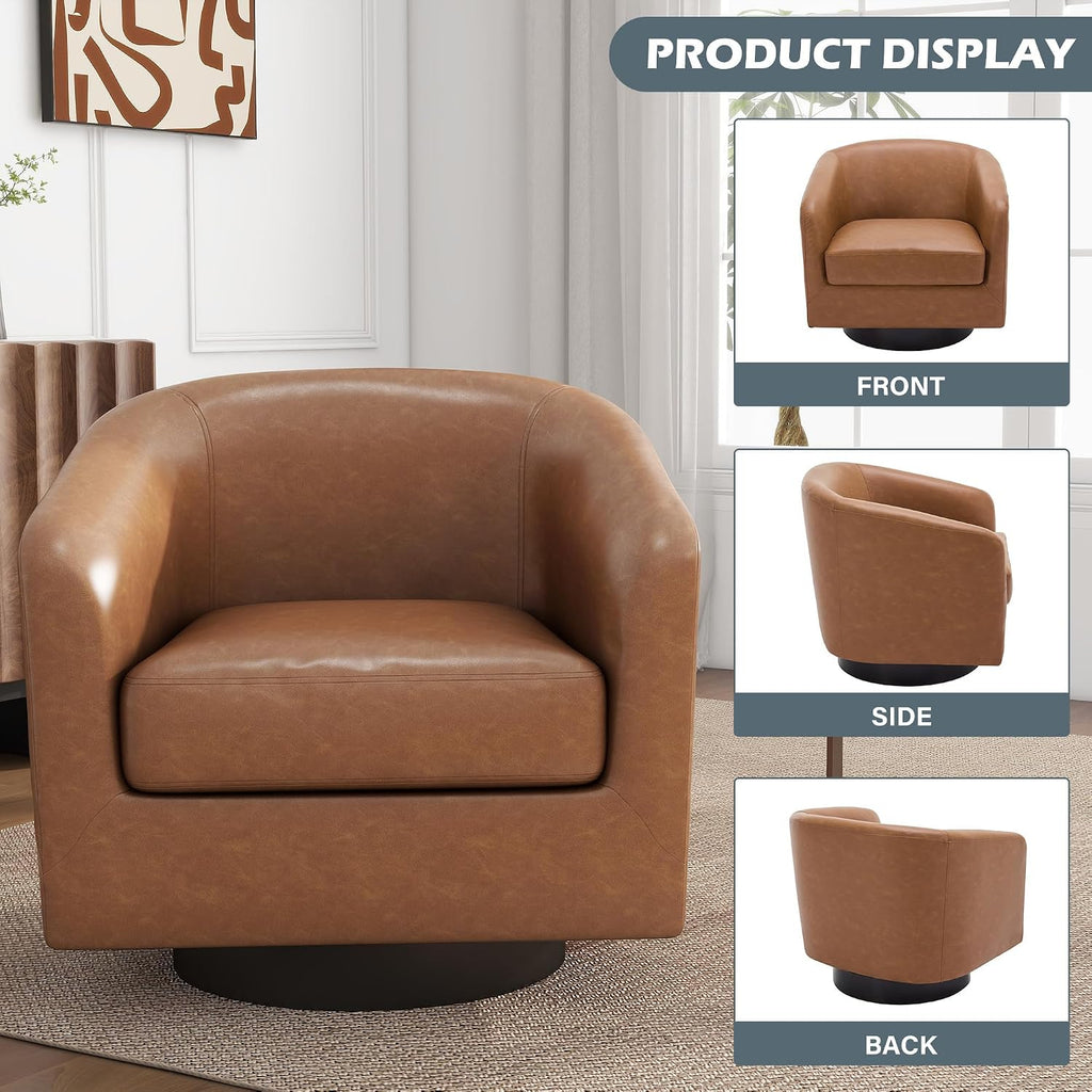 Faux Leather Swivel Accent Chairs, Barrel Armchair, Brown - Set of 2