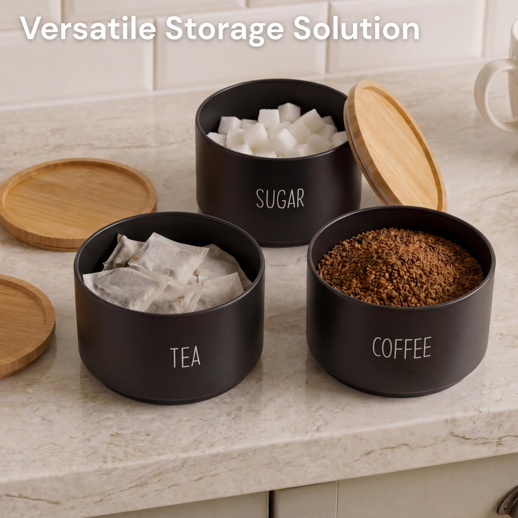 Coffee Tea Sugar Container Set, Stackable Tea Coffee Sugar Canister Set with Bamboo Lids, Airtight Kitchen Canisters