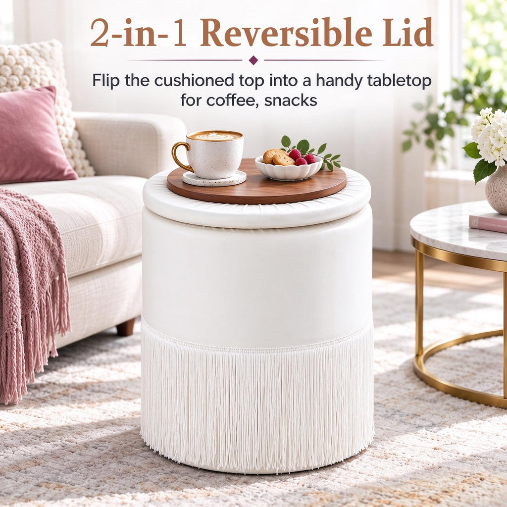 Round Storage Ottoman, Tassel Fringe Velvet Vanity Chair (White)