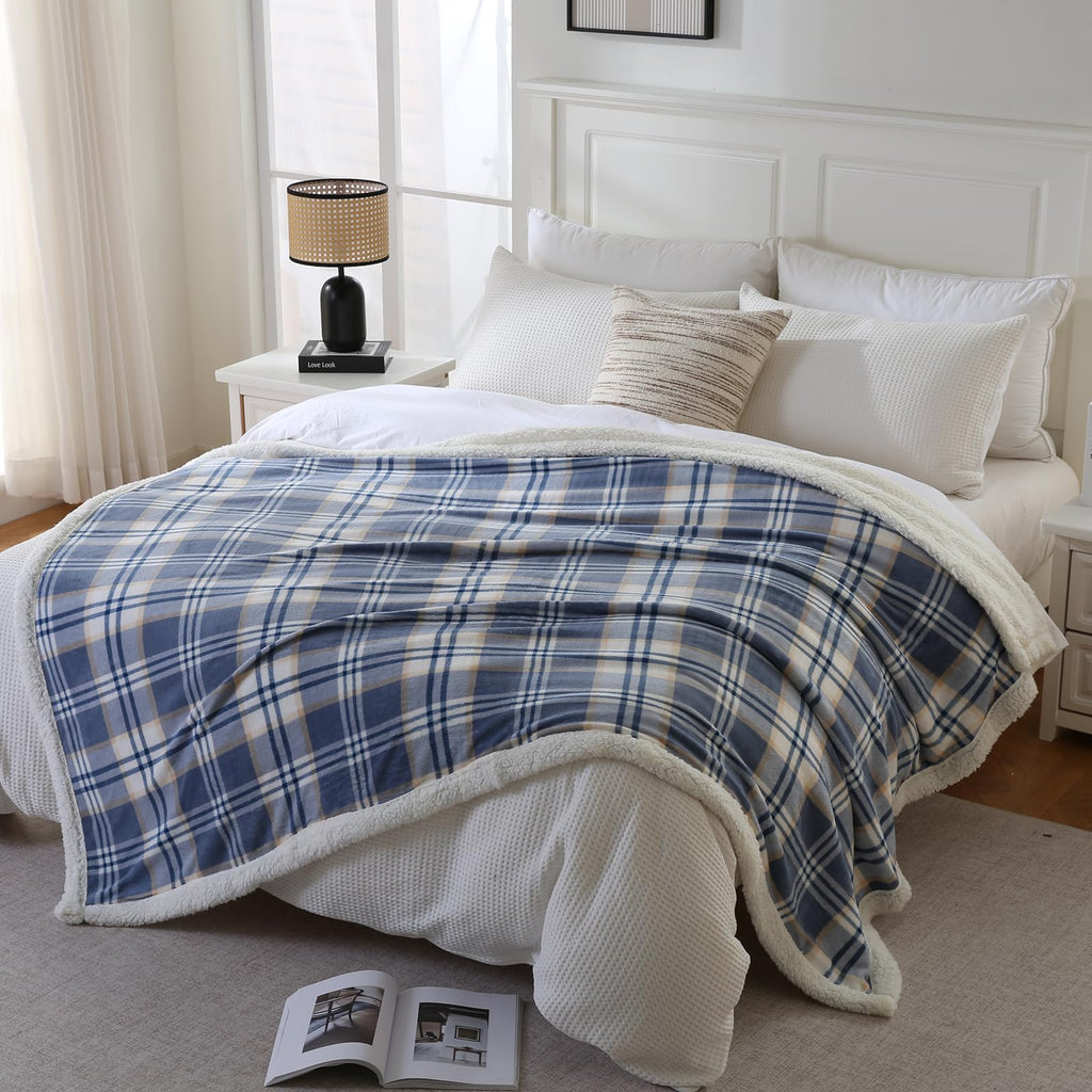 Sherpa Blanket Twin Plaid Thick Bed Blanket, 60"*80" Super Soft Flannel Fuzzy Fleece Reversible Velvet Plush Warm
