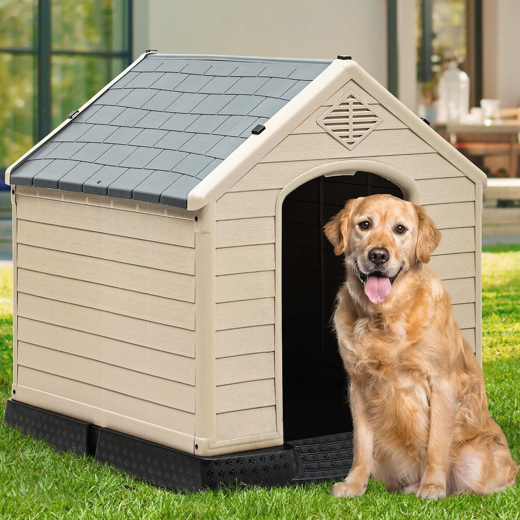 Plastic Dog House, Waterproof Indoor Outdoor Doghouse for Large or Small Dog, with Air Vents and Elevated Floor, Easy