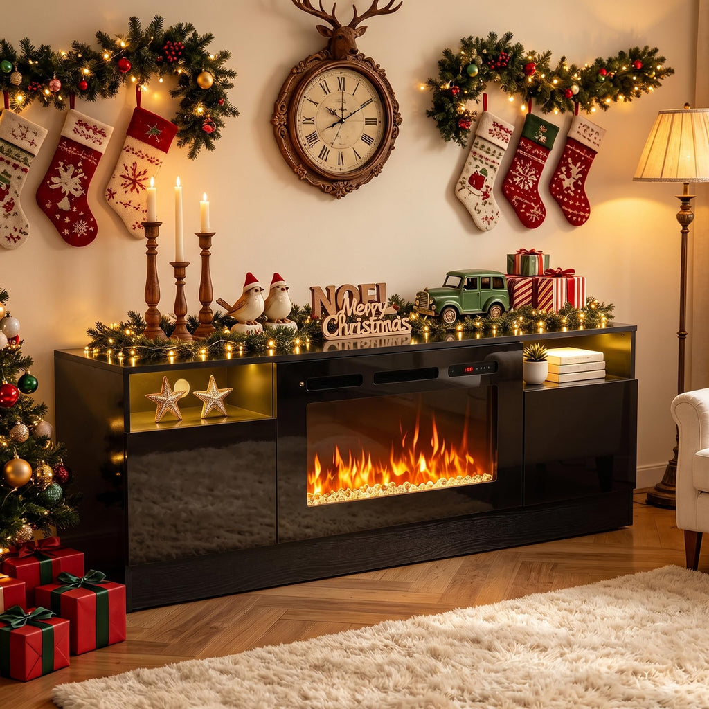 Fireplace TV Stand with 36'' Electric Fireplace Up to 80" TVs, LED Light Entertainment Center, Modern Wood Texture