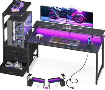 63 inch Gaming Desk with PC Display Stand, Reversible Steel Wood Computer Desk for Gaming Setup, Tiered Design to