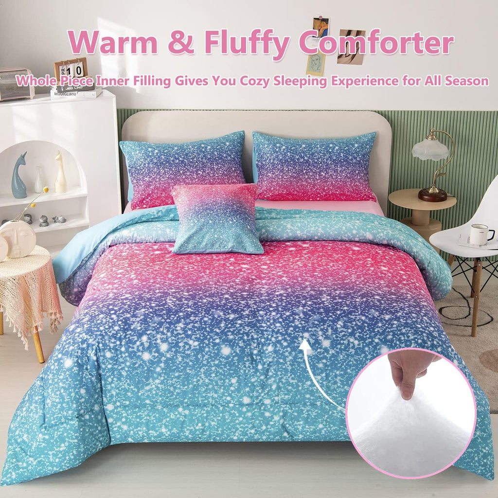 Queen Girls Bedding Set 6 Piece Blue Pink Comforter Set Kids Bed in A Bag Colorful Rainbow Glitter Bed Set Decoration