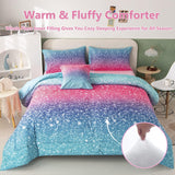 Queen Girls Bedding Set 6 Piece Blue Pink Comforter Set Kids Bed in A Bag Colorful Rainbow Glitter Bed Set Decoration