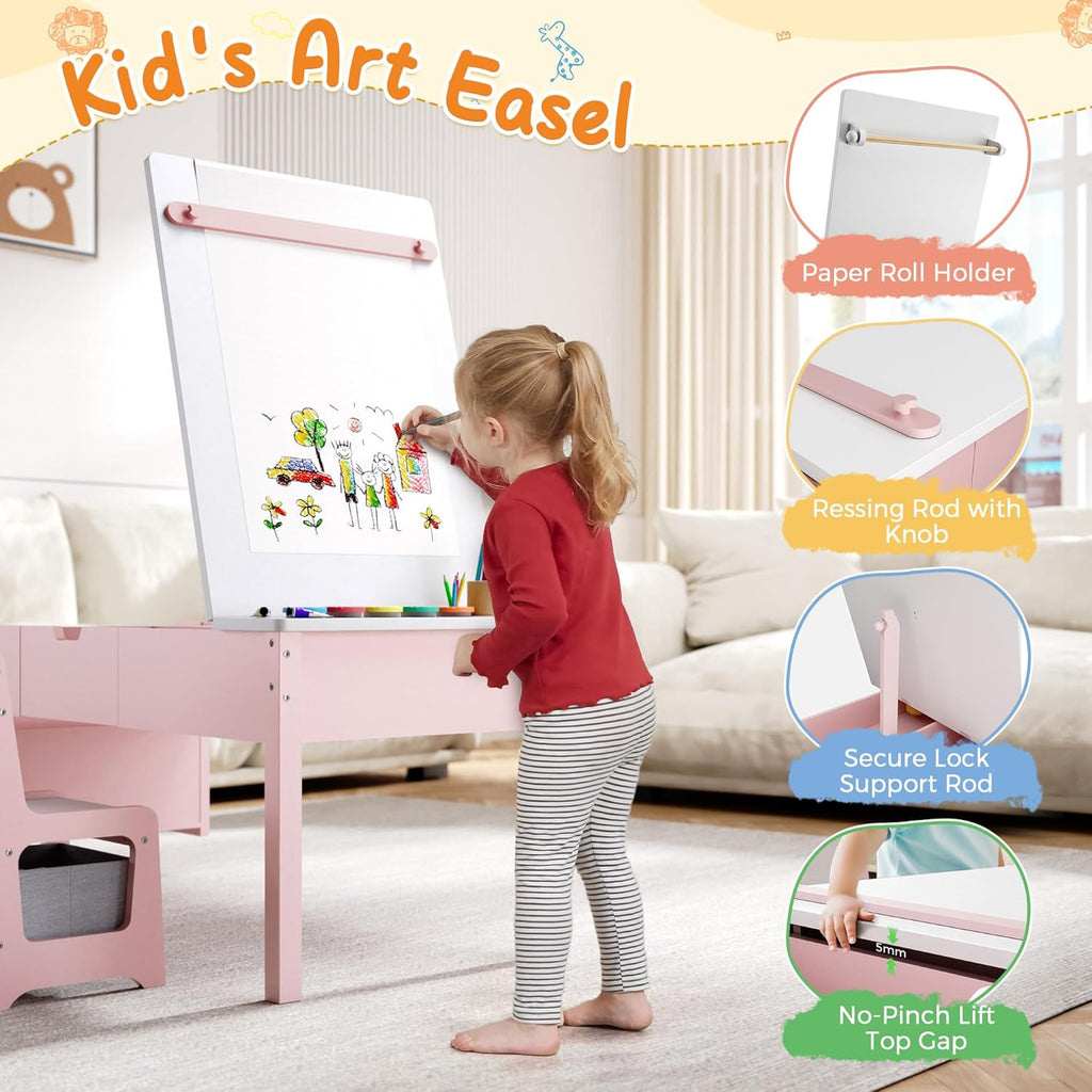 In-1 Kids Art Table and Chairs, Wood Toddler Table and Chair Set with Storage Drawers, Craft Play Desk for Kids