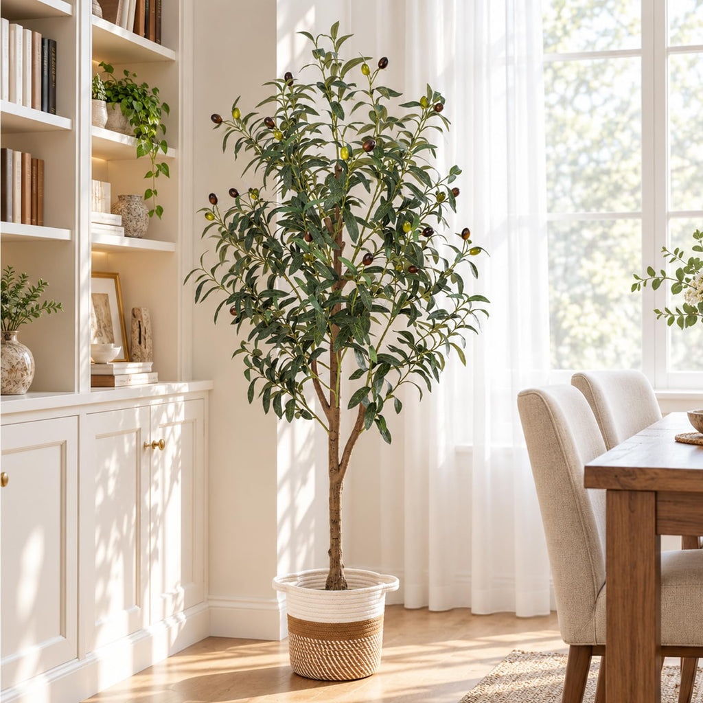 4FT Artificial Olive Tree Indoor Tall Faux with Planter & Basket Large Fake Olive Silk Trees Realistic Olive Plants