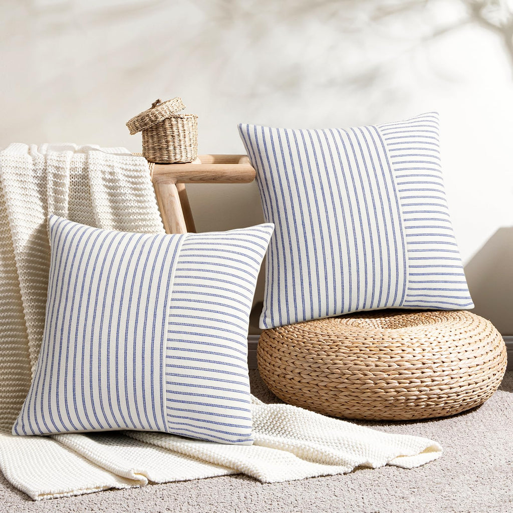Farmhouse Pillow Covers 12x20, Modern Accent Lumbar Throw Pillow Covers Set of 2, Blue and Beige Striped Patchwork