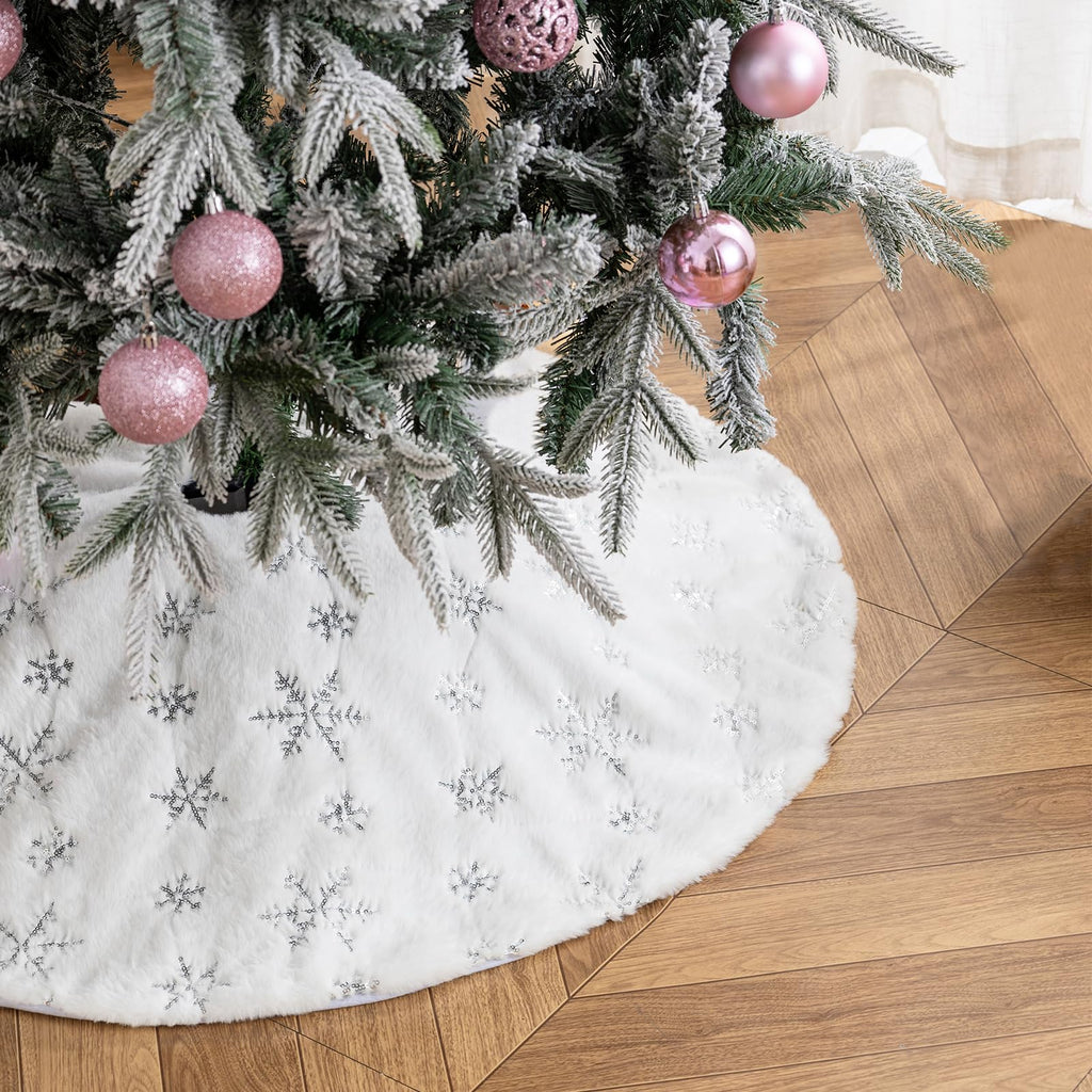 48 Inch Christmas Tree Skirt Faux Fur, White Soft Double Layer Plush