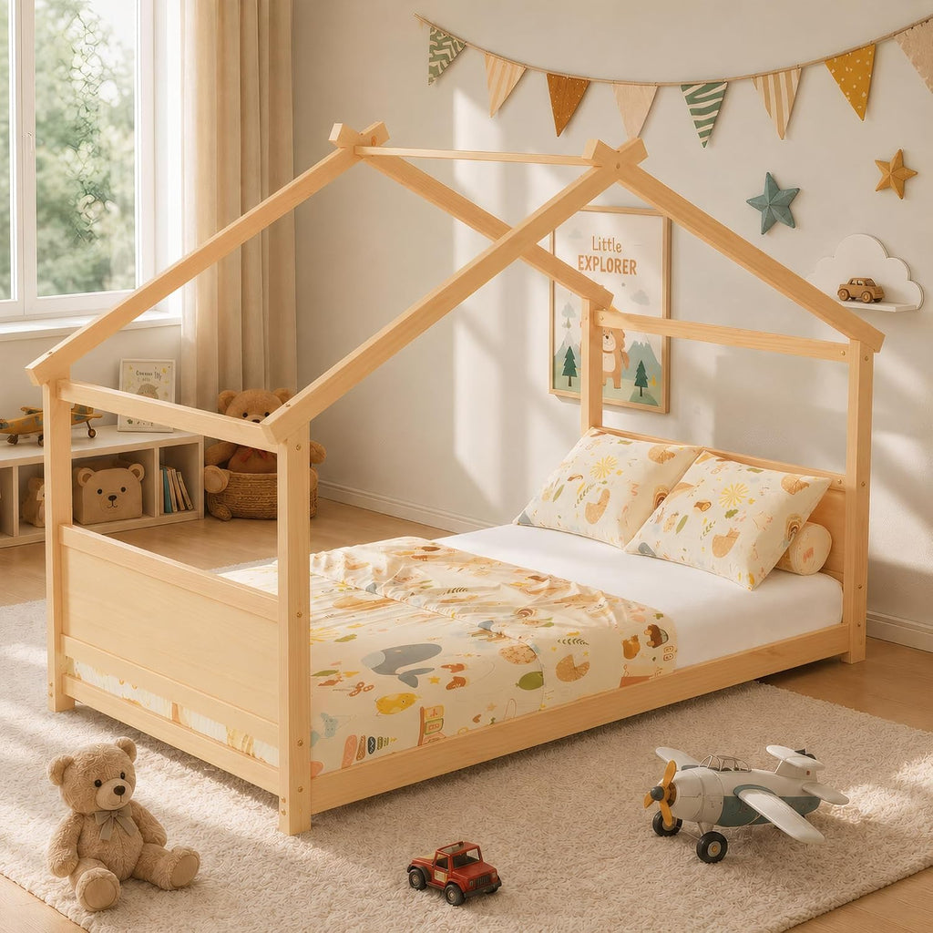 Twin Montessori Floor Bed Frame, Solid Wood Kids House Bed Without Rails, Open Concept Toddler House Bed with