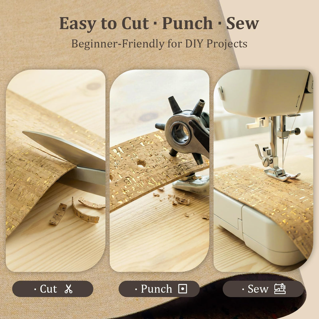 Cork Fabric by The Yard for Sewing: Natural Cork and Gold Embellished Craft Fabric Sheet, Glitter Fabric Roll 12.5 *