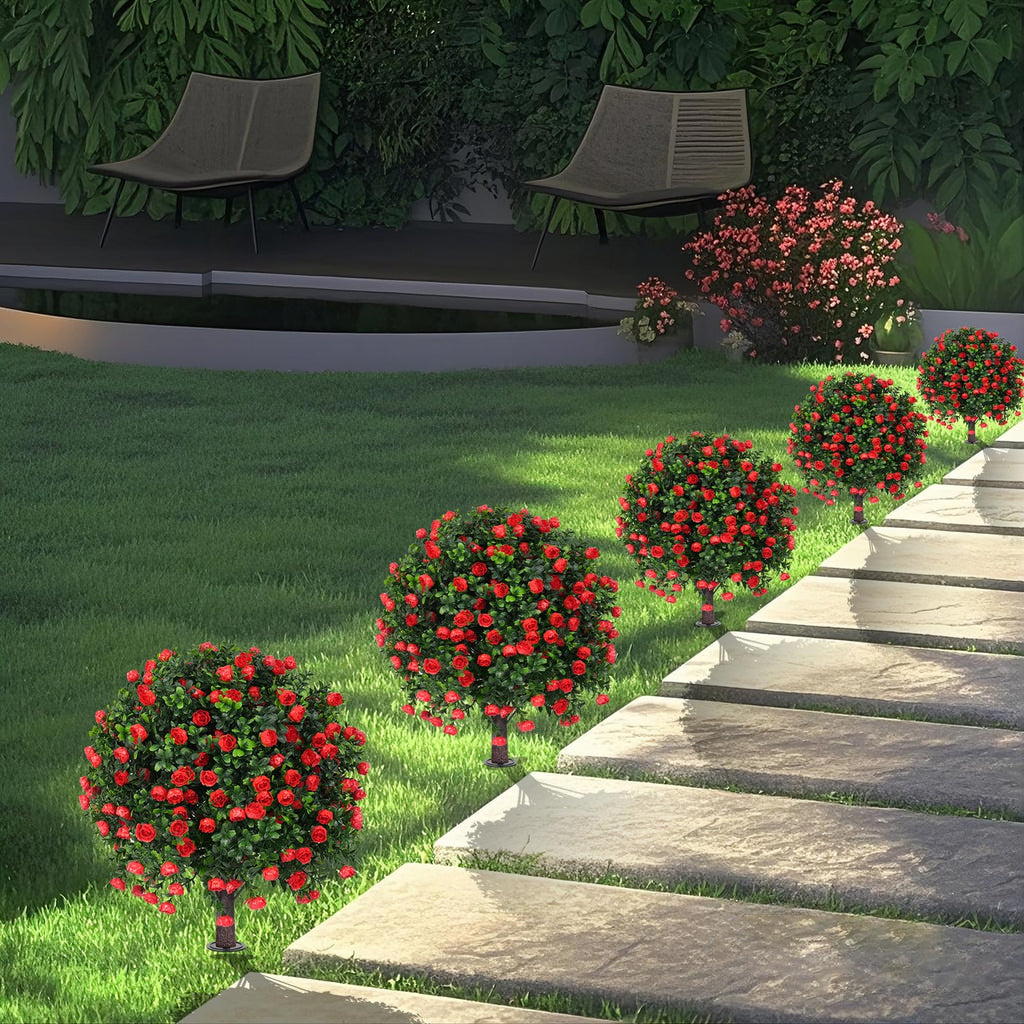 Set of 2 Artificial Boxwood Topiary Trees with Rose for Outdoor