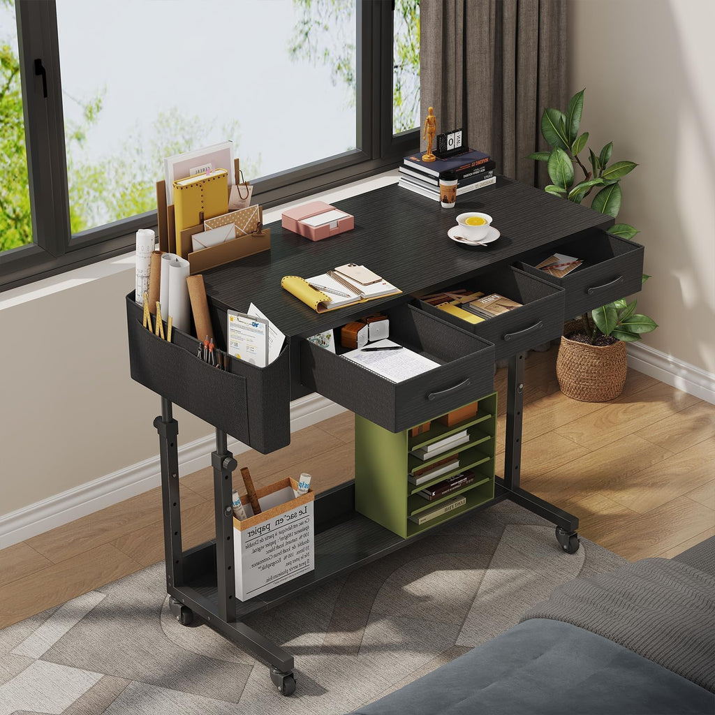 Rolling Standing Desk Adjustable Height with Drawers, 40 Inch Mobile Stand Up Portable Teacher Desks on Wheels for