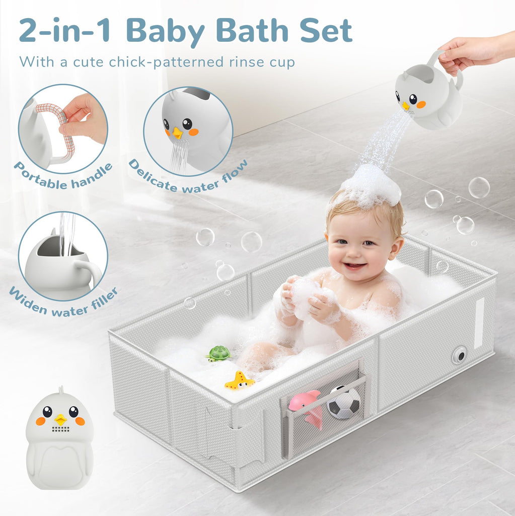 Collapsible Baby Bathtub, Foldable Toddler Bath Tub with Chick Pattern Bath Rinse Cup, No Assembly Portable Travel