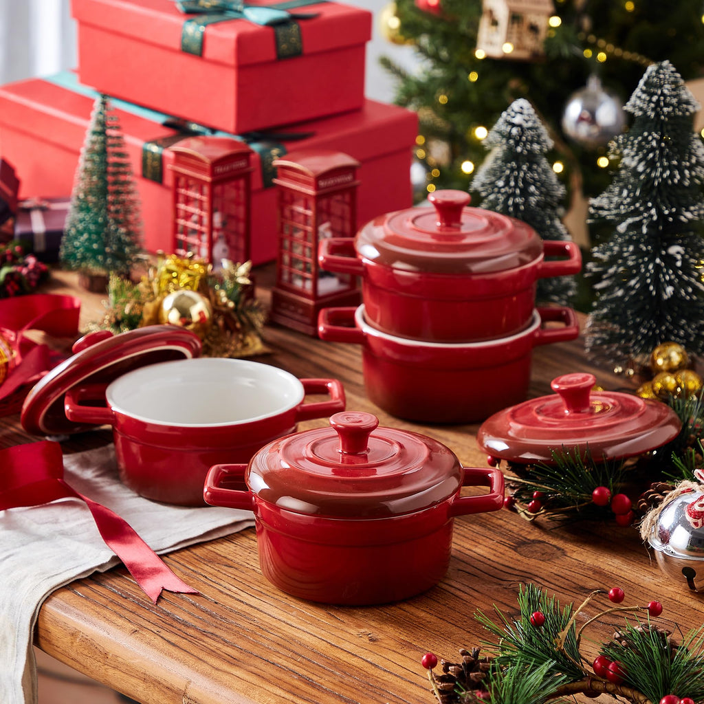 Mini Cocotte 12oz Ceramic Casserole Dish Set with Lid, Red