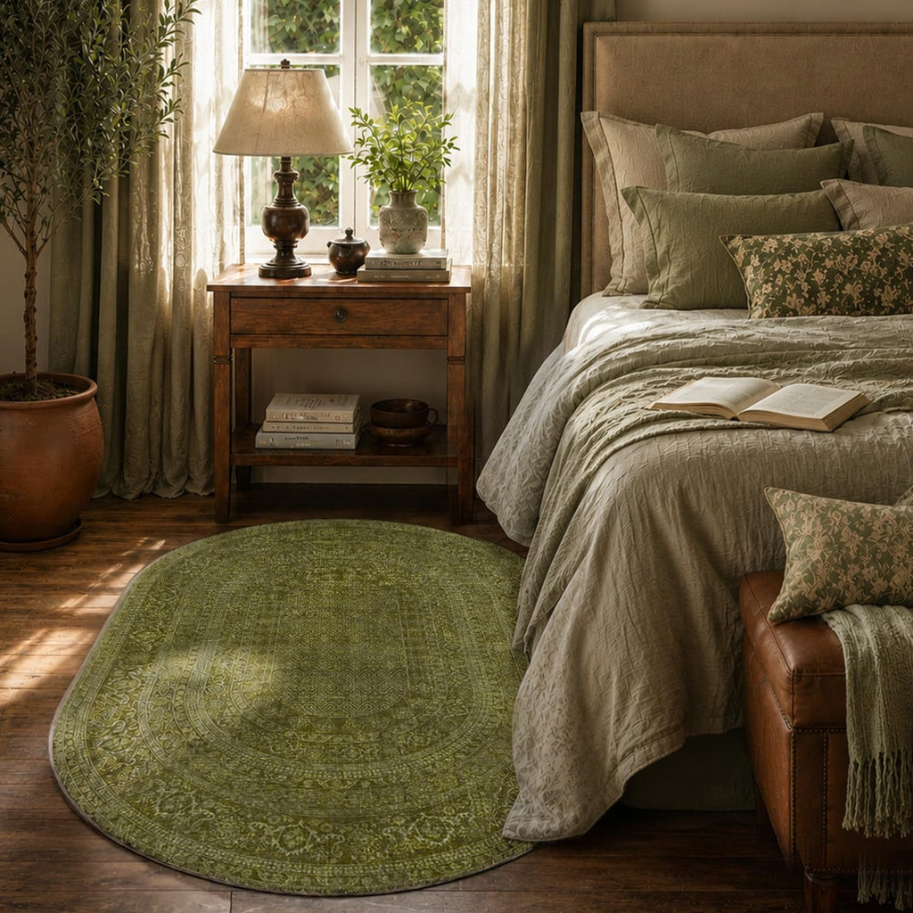 Oval Rug - Washable Ultra-Thin Carpet Dark Olive Green