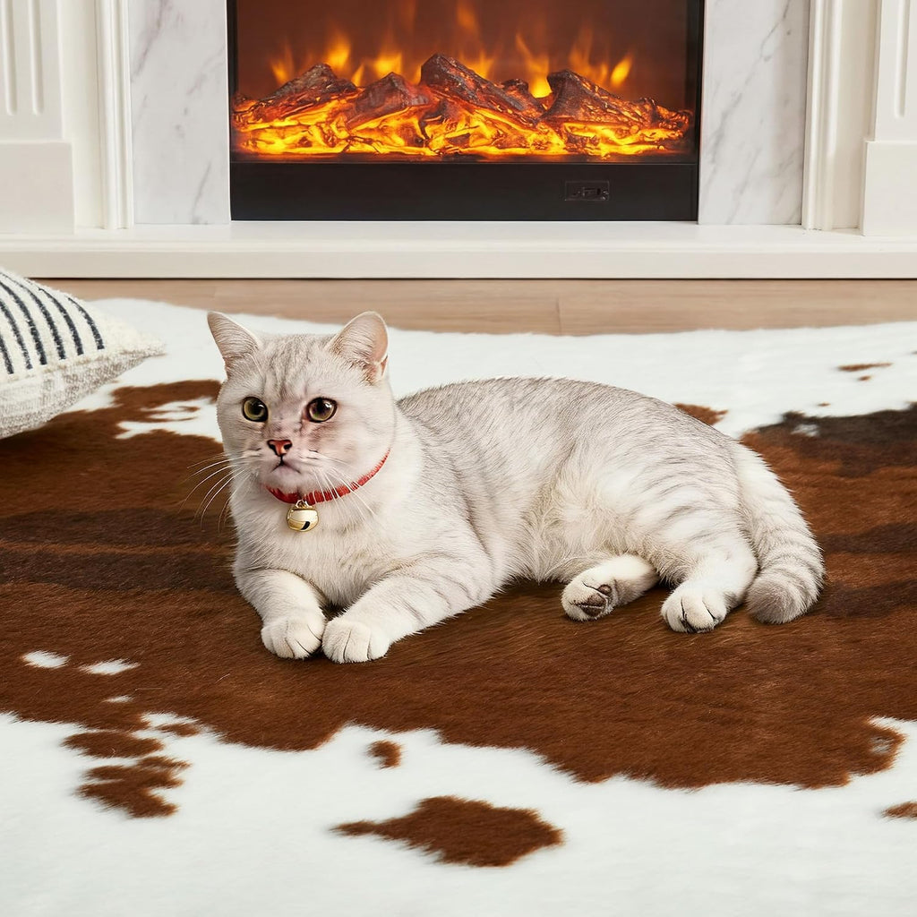 Large Durable Faux Cowhide Area Rug 4.9 x 6.56 Feet, Premium Cow Print Rug Bedroom, Durable Faux Fur Animal Cow Hide