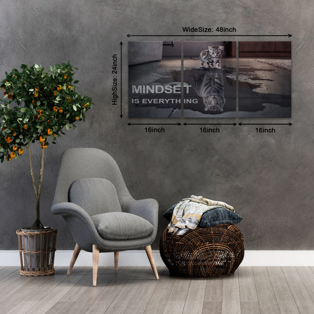 Motivational Canvas Wall Art Mindset is Everything Small Cat Big Tiger Posters Prints 3 Pieces Inspirational Quote