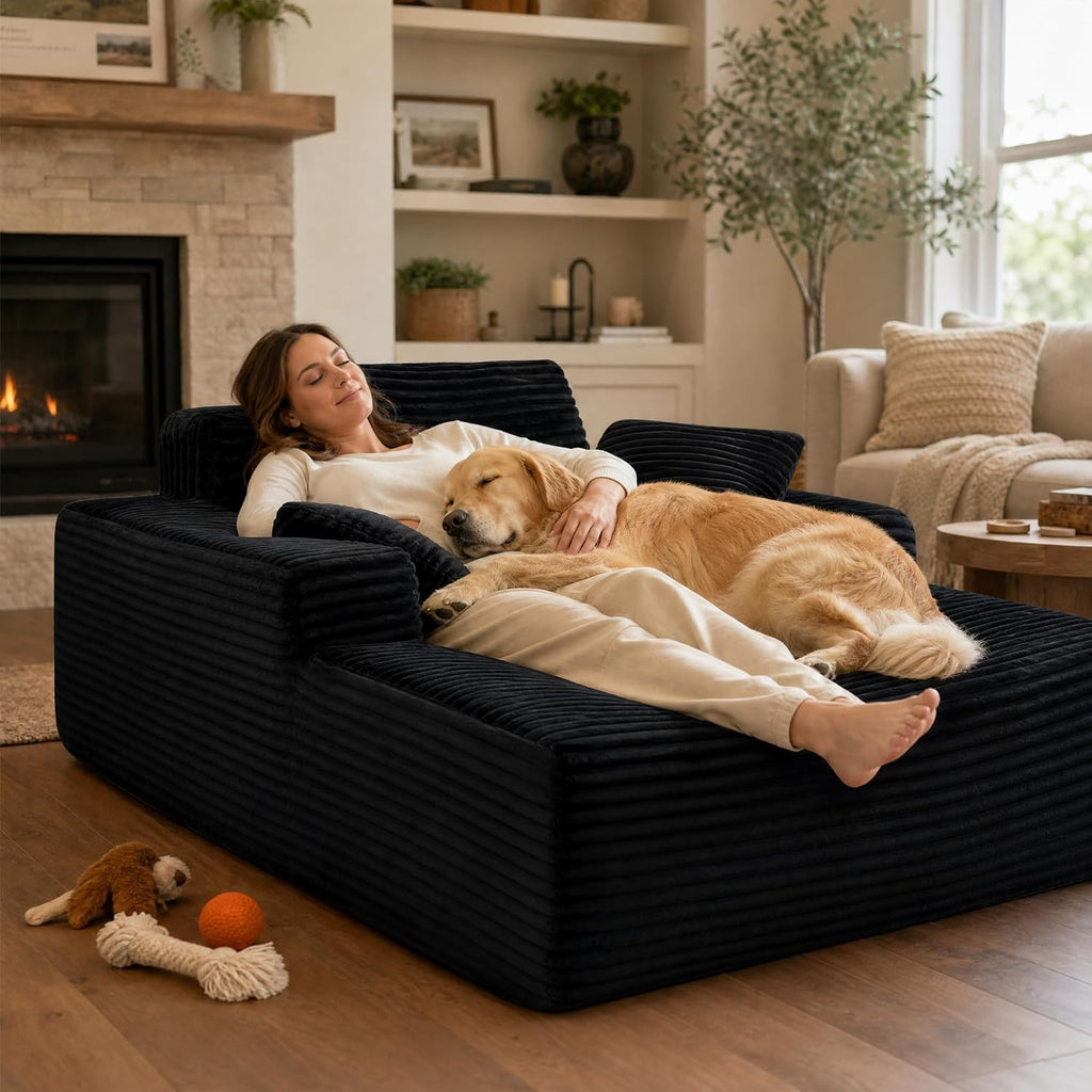 63'' Oversized Boneless Chaise Lounge Chair, Corduroy Fluffy Reading Couch, Deep Seat Sleeper Chair for Small Spaces