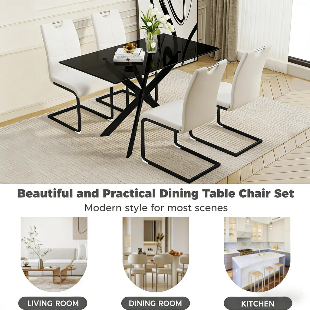 51" 5-Piece Glass Dining Table Set for 4, White&Black