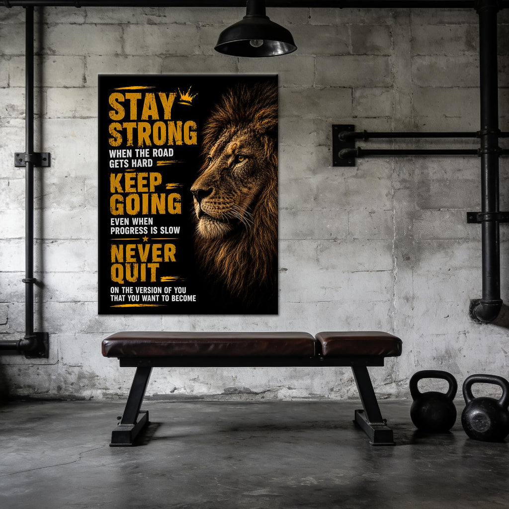 Stay Strong Wall Art, Black Gold Lion Typography Canvas Artwork