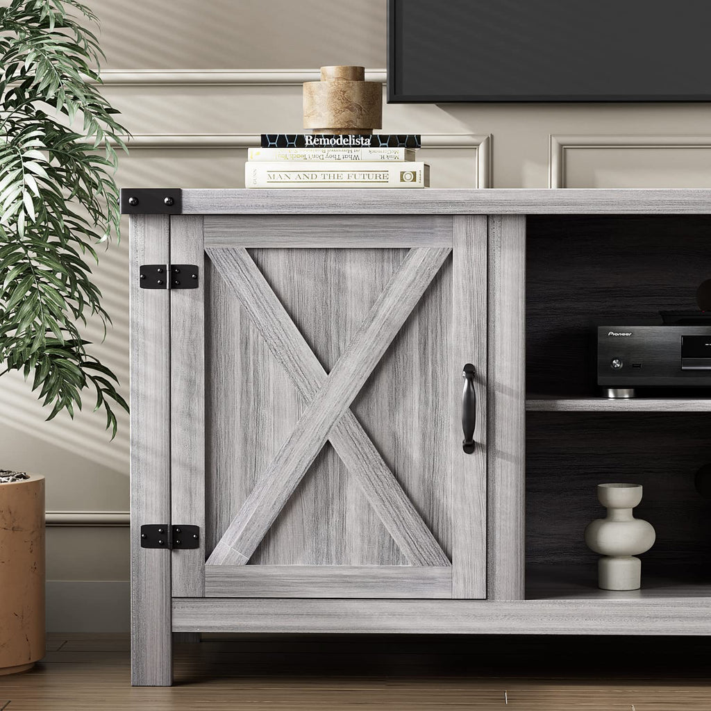 Modern Farmhouse TV Stand with Barn Door for 65 Inch TV, Gray Wash